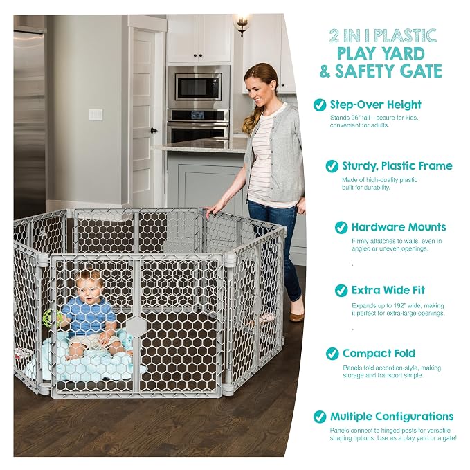 Regalo Safety 192" Super Wide Baby Gate & Play Yard, 2-in-1 Adjustable Playpen for Babies, Toddlers & Pets, Includes Wall Mount Kit, Plastic, Gray