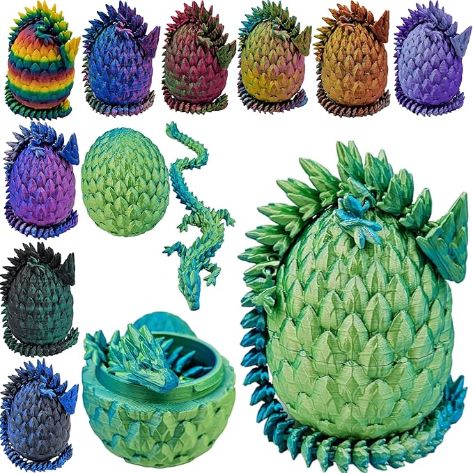 Surprise Dragon Egg Articulating Gemstone Dragon Fidget Figurine - 3D Printed Dragons Flexible ADHD, Autism, Relief Anxiety - Articulated Joints (Blue Yellow)