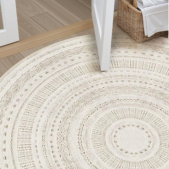 cotiled 6x6 Round Area Rugs Living Room Rug: Washable Boho Rugs with Non Slip Backing Large Soft Indoor Stain Resistant Carpet for Bedroom Farmhouse Dining Room Lightweight Home Decor Brown/Cream
