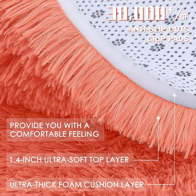 OLANLY Coral Red Round Rugs for Bedroom - Machine Washable, 7 ft Circle Area Rugs for Living Room, Soft and Fluffy Shaggy Carpet for Teen Girl and Boys, Nursery Rooms, Dorms, Home Decor Aesthetic