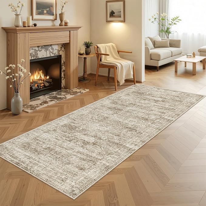 Soalmost Washable Kitchen Runner Rug 3x6 Hallway Entry Rugs Non-Slip, Brown | Vintage Runners 6ft for Bathroom Laundry Room, Foldable Low-Pile Floor Carpet Mat for Entryway Corridor Bedroom