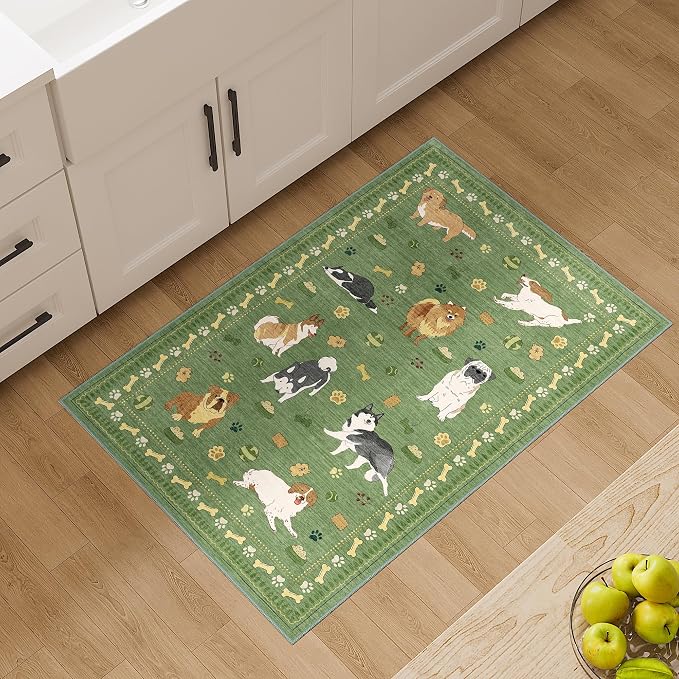 DUKINO 2x3 Bathroom Rugs, Washable Dog Kitchen Rug Non Slip, Green | Low Pile, Stain Resistant Soft Indoor Door Mat, Small Front Door Animal Throw Carpet for Entryway Bedroom Farmhouse Kids Room