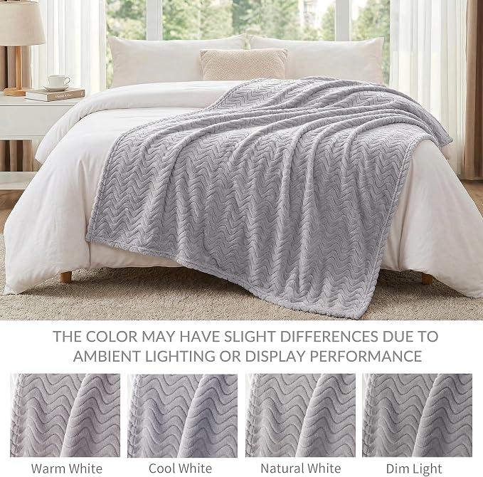 Exclusivo Mezcla Soft Fleece Blanket Twin Size for Bed, Sofa, Light Grey | 90"x66" Breathable Lightweight Flannel Blanket for Summer, Plush Cozy Jacquard Wave for Home Decor