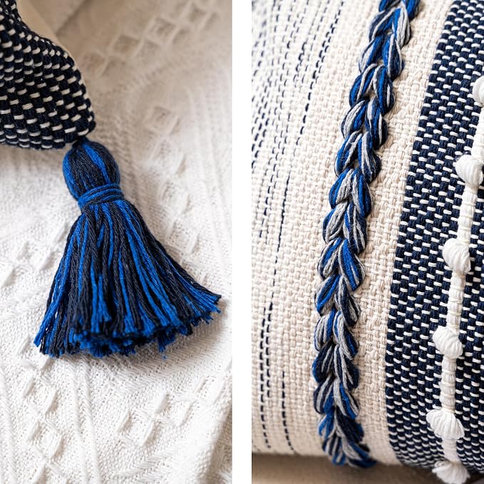 Decorative Lumbar Throw Pillow Cover 14x24 Boho Dark Blue Accent Cushion for Couch Sofa Farmhouse Pillowcase for Bedroom Living Room Home Décor Cover ONLY