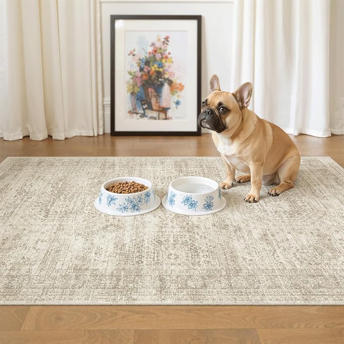 Soalmost 3x4 Rugs Non-Slip, Small Washable Kitchen Entryway Area Rug Beige | Vintage Low Pile Carpet for Nursery Coffee Table Bathroom, Foldable Stain Resistant Indoor Door Mat Entrance Powder Room