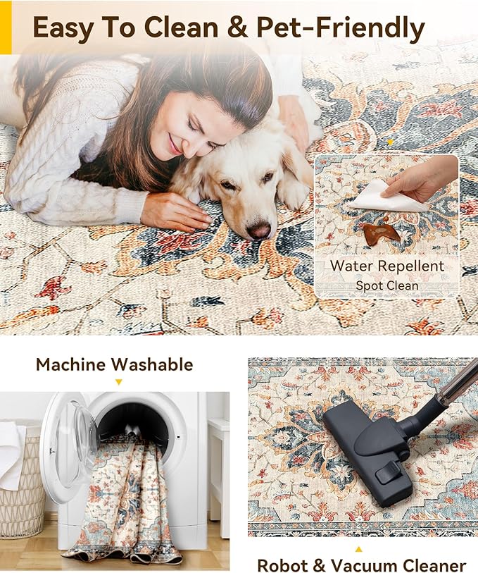 RELEANY Area Rugs Small 2'x4' Washable Non-Slip, Floral Vintage Distress Medallion Carpet for Kitchen Entryway Bathroom, Beige Navy Blue Orange Colorful