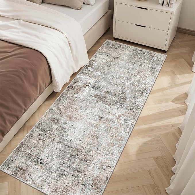 Soalmost Abstratc Runner Rug 2x5 Washable Kitchen Entry Runners Pink/Grey | Non-Slip Low-Pile Rugs for Bathroom Laundry Room, Vintage Foldable Floor Carpet Mat Hallway Entryway for Corridor Bedroom