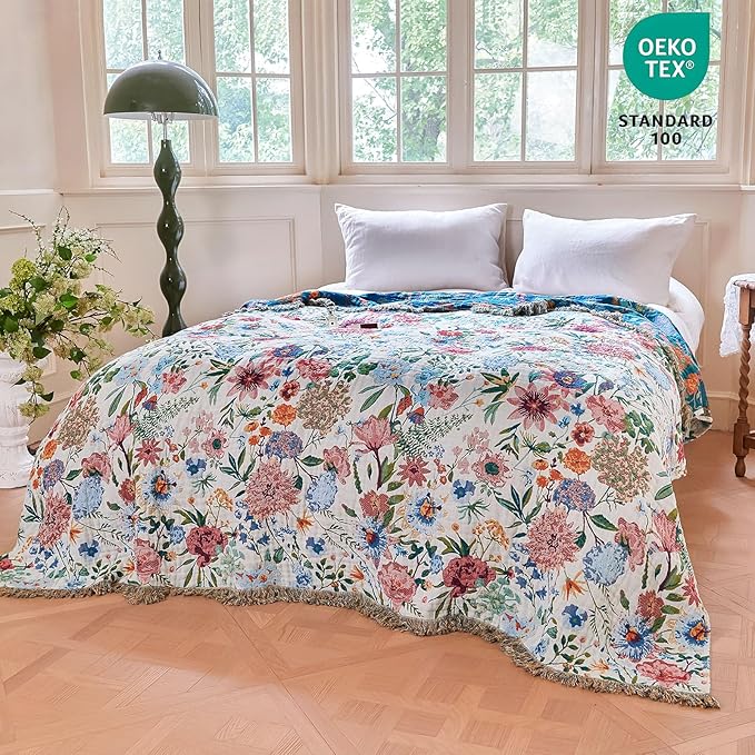 MSGKV Boho Throw Blanket 60"x80" Summer Cotton Orchid Blanket for Couch | Muslin Throw, Orchid Floral Pattern, Reversible Woven, Lightweight Comfort, Farmhouse Decor, All Seasons, Machine Washable
