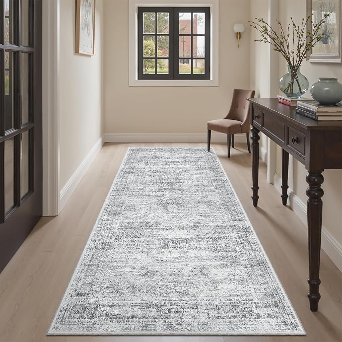 Soalmost Washable Kitchen Runner Rug 3x6 Hallway Entry Rugs Non-Slip, Grey | Vintage Runners 6ft for Bathroom Laundry Room, Foldable Low-Pile Floor Carpet Mat for Entryway Corridor Bedroom