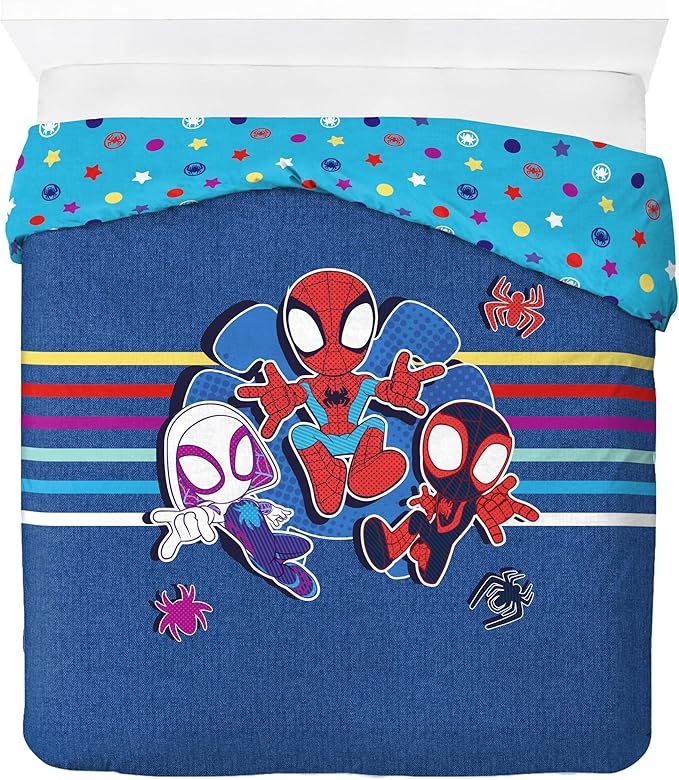 Jay Franco Duvet Cover Set – 3 Piece Comforter Cover and Sham Set, Super Soft Cozy Kids Bedding (Insert Not Included) Blue - Spidey & Friends, Full