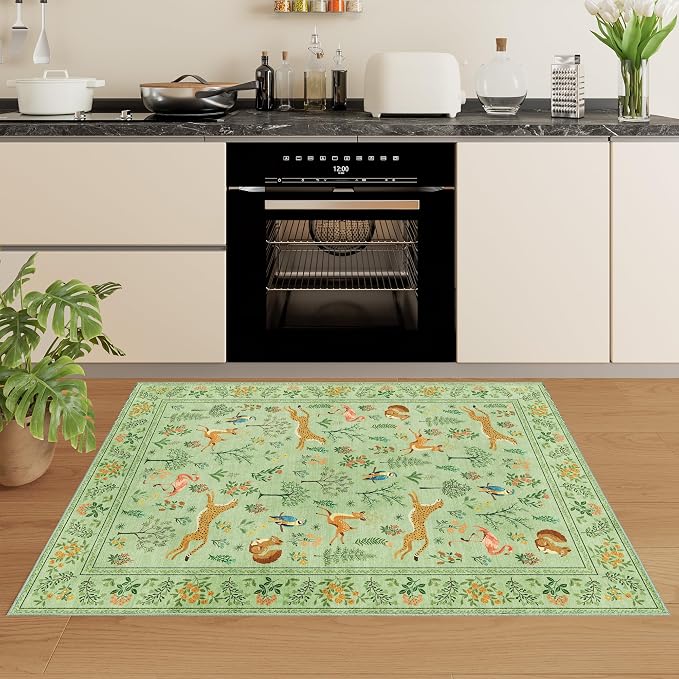 DUKINO 3x5 Rug, Washable Animal Area Rug for Bedroom Non Slip, Light Green | Low Pile, Stain Resistant, Soft Indoor Carpet for Living Room, Kitchen, Dining Room, Nursery, Lightweight, Pet Friendly