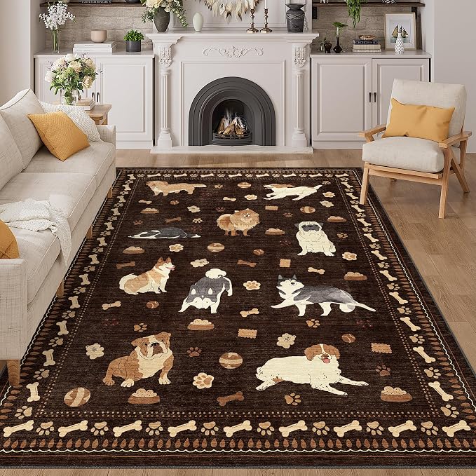 DUKINO 5x7 Area Rugs, Washable Dog Rug for Kids Room Non Slip, Brown | Low Pile, Stain Resistant, Soft Animal Carpet for Living Room Bedroom Dining Room Farmhouse, Kid & Pet Friendly, Non Shedding