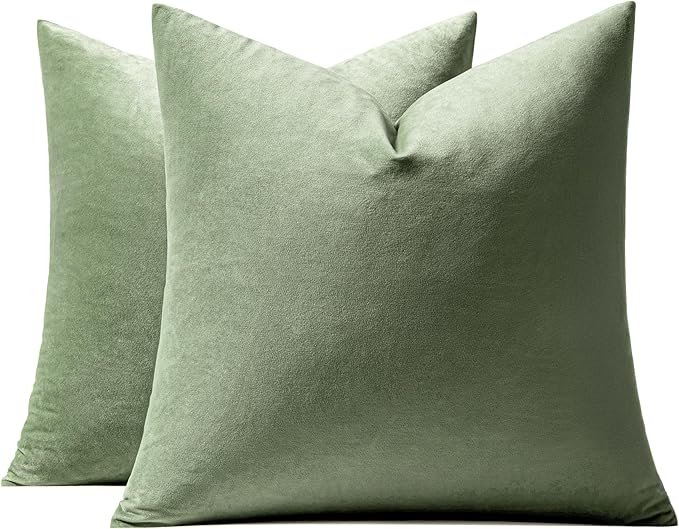 MIULEE 24x24 Inch Pack of 2 Euro Velvet Throw Pillow Covers Sage Green | Soft Solid Decorative Euro Sham, Modern Luxury Home Decor, for King Bed Sofa Couch Bedroom Livingroom