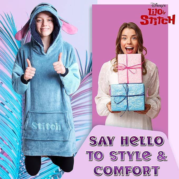 Disney Stitch Fleece Hoodie Blanket for Kids and Teenagers - One Size Fluffy Oversized Hoodie - Stitch Gifts