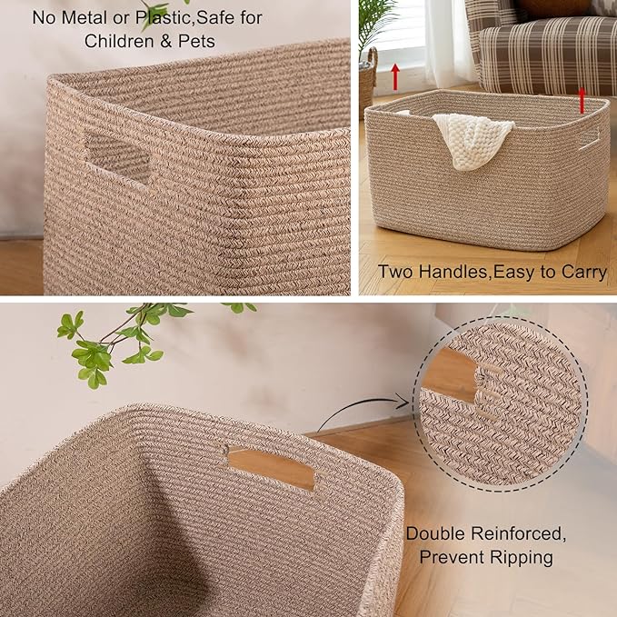 OIAHOMY 75L Large Blanket Basket, 22”x17”x12” Woven Cotton Rope Storage Basket with Handle for Organizing Blanket and Toys for Living Room, Nursery, Brown Variegated
