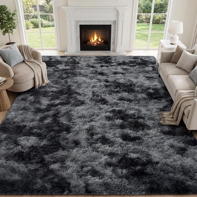 Area Rug for Living Room Bedroom: 9x12 Black Grey Soft Fluffy Shag Upgrade Non-Slip High Pile Carpet Large Fuzzy Plush Indoor Floor Decor Shaggy Rug for Kid Boys Girls Playroom Nursery Modern Home