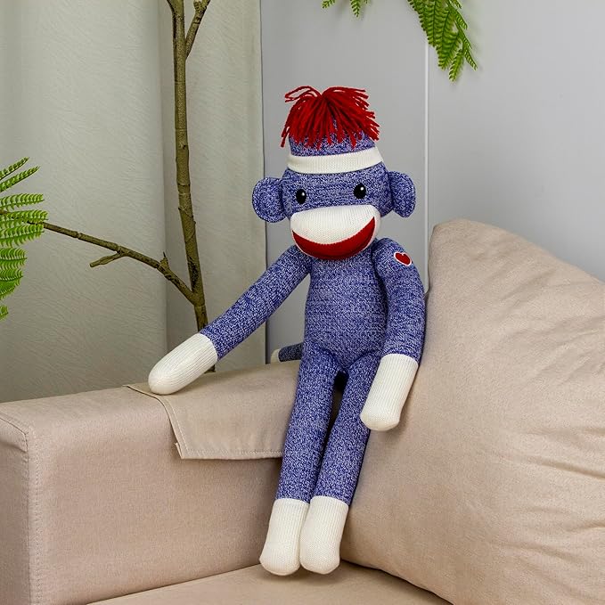 Plushland Adorable Sock Monkey, The Original Traditional Hand Knitted Stuffed Animal Toy Gift-for Kids, Babies, Teens, Girls and Boys Baby Doll Present Puppet 20 Inches (New Blue)