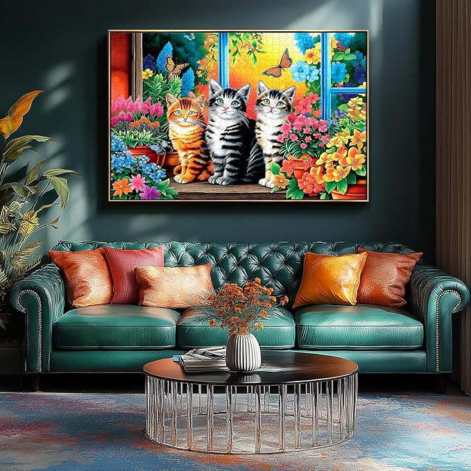 Cat 500 Piece Jigsaw Puzzle - Cute Kittens in Garden Window Design with Butterflies & Flowers | Unique Art Puzzle for Adults for Cat Lovers & Home Decor