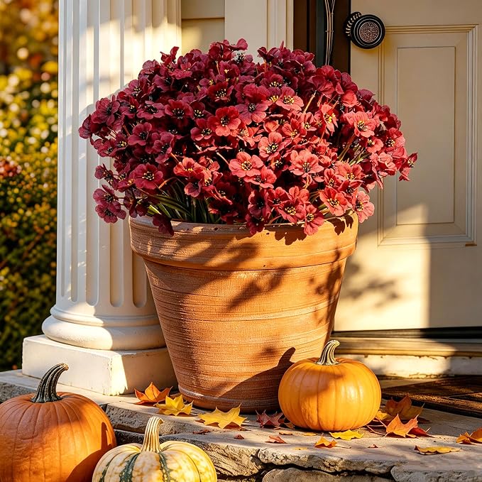 ColoPlay 24PCS Burgundy Artificial Flowers for Outdoors Faux Mums Plant | Artificial Mums for Outdoors/Indoors Faux Mums for Planters, Fall Flowers for Decoration Garden Porch Box Home Farmhouse