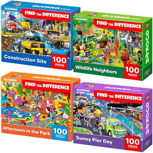 QUOKKA 100 Piece Puzzles for Kids Ages 4-6 – 4 Puzzles for Kids Ages 6-8 – Search and Find Animals and Construction Vehicles Kid Activities for 8-10 yo – Toddler Learning Toy Game Gift for Boys 5-8