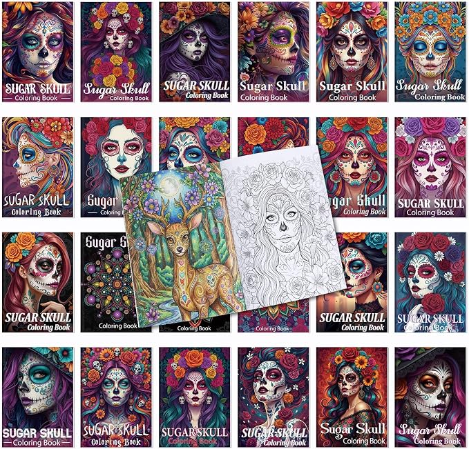 Liliful 24 Pcs Sugar Skull Themed Coloring Book Bulk for Adults Intricate Day of the Dead Art Coloring Books with Floral Skull & Ornate Designs for Party Favors Goodie Bag Fillers & Creative Gifts