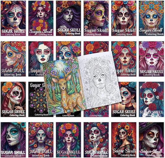 Liliful 24 Pcs Sugar Skull Themed Coloring Book Bulk for Adults Intricate Day of the Dead Art Coloring Books with Floral Skull & Ornate Designs for Party Favors Goodie Bag Fillers & Creative Gifts