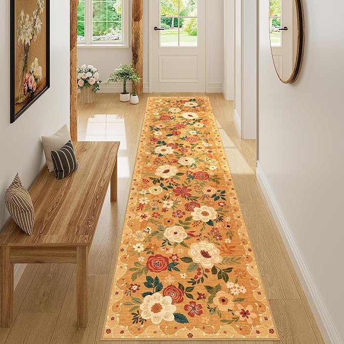 DUKINO 2x8 Runner Rug, Washable Runner Rug for Kitchen Non Slip, Orange | Floral, Low Pile, Soft Indoor Rug for Hallway, Entryway, Bedroom, Bathroom, Pet Friendly, Stain Resistant, Modern Home Decor