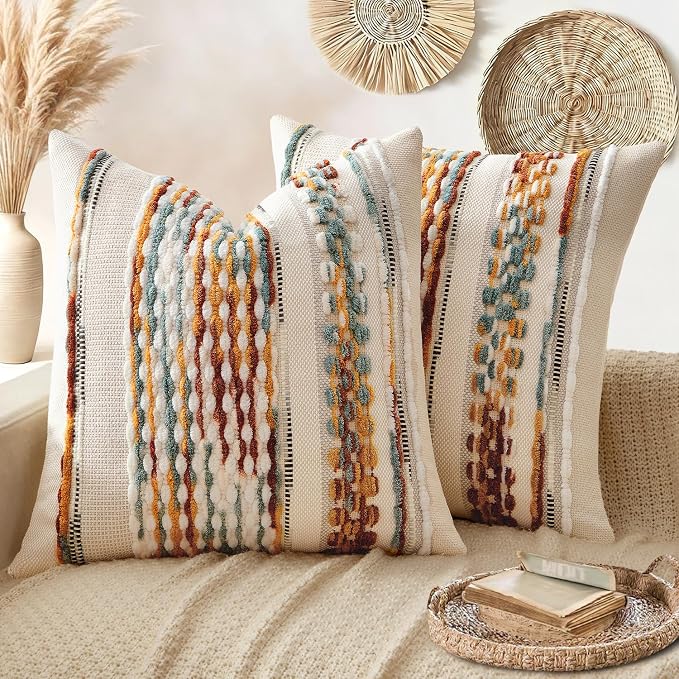 ANRODUO Boho Decorative Throw Pillow Covers Brown Stripe 20x20 Pack of 2 | Throw Pillow Covers, Farmhouse Cushion Case, Chenille Pillow Cases, Pillow Covers, Accent Neutral Pillowcase for Couch Bed