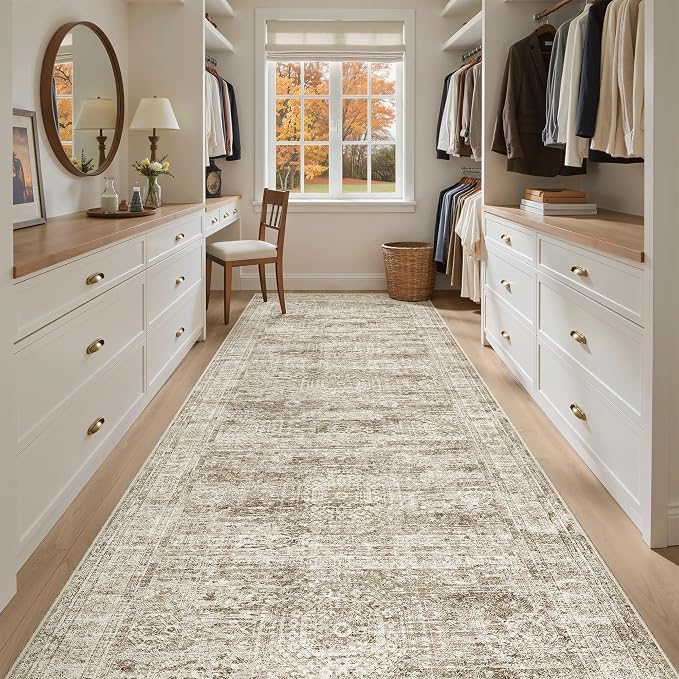 Soalmost Washable 4x12 Hallway Runner Rug Non-Slip Kitchen Entry Rugs Brown | Vintage Wide Runners for Living Dining Room Entryway, Stain Resistant Low-Pile Long Floor Carpet 12ft for Nursery Bedroom