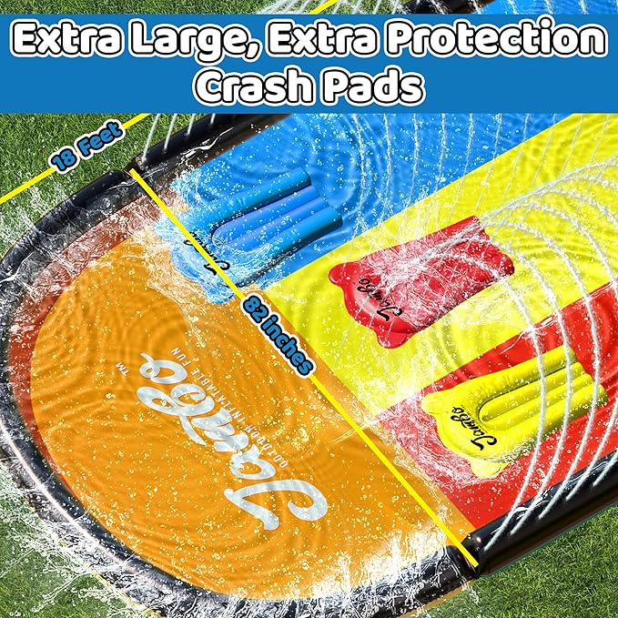 JAMBO 18ft Triple Lane Slip Splash and Slide with 3 Bodyboards with Built in Surround Sprinkler for Backyard Outdoor Water Fun for Kids
