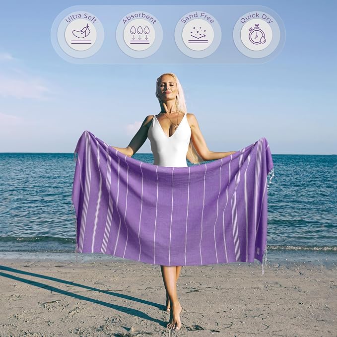 Ossano Turkish Beach Towel Soft & Fast Dry Oversized (39" x 71") - Quick Dry, Versatile and Functional as Yoga Mat, Picnic, Camping Blanket, Travel Blanket, Bath Towel - Lilac