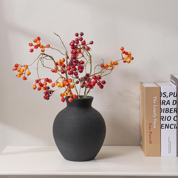 Ceramic Flower Vase Home Decor, 7.4 in Farmhouse Table Vases Retro Vintage Living Room Kitchen Bedroom Decoration Pottery Decorative Vases for Flowers House Shelf Office Desk Dining Entryway, Black