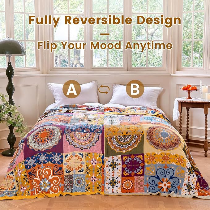 MSGKV Boho Throw Blanket 60"x80" Summer Cotton Roman Blanket for Couch | Muslin Throw, Roman Pattern, Reversible Woven, Twin Size Blanket, Lightweight Comfort, Farmhouse Decor, Machine Washable