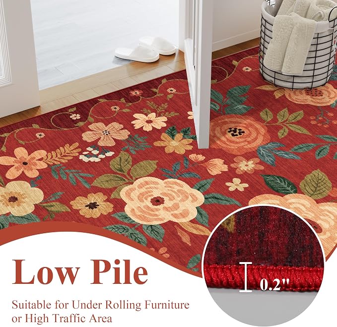 DUKINO 2x6 Runner Rug for Hallway, Washable Kitchen Rugs Non Slip, Red | Low Pile, Soft, Floral Indoor Rug for Entryway, Bedroom, Laundry, Bathroom, Pet Friendly, Lightweight, Modern Home Decor