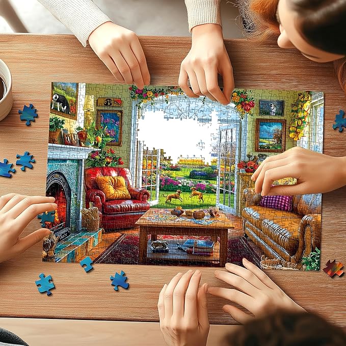 Sunlit Garden 1000 Piece Jigsaw Puzzle for Adults, Indoor Living Room Scene with Floral Decor and Garden View, Home Entertainment Family Activity