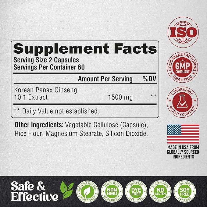 Panax Ginseng 1500 mg - Red Korean Ginseng Supplement for Men - Extra Strength 10:1 Extract - Energy, Focus, Productivity & Performance - Natural & Vegan - Lab Tested - 120 Capsules, 2 Month Supply