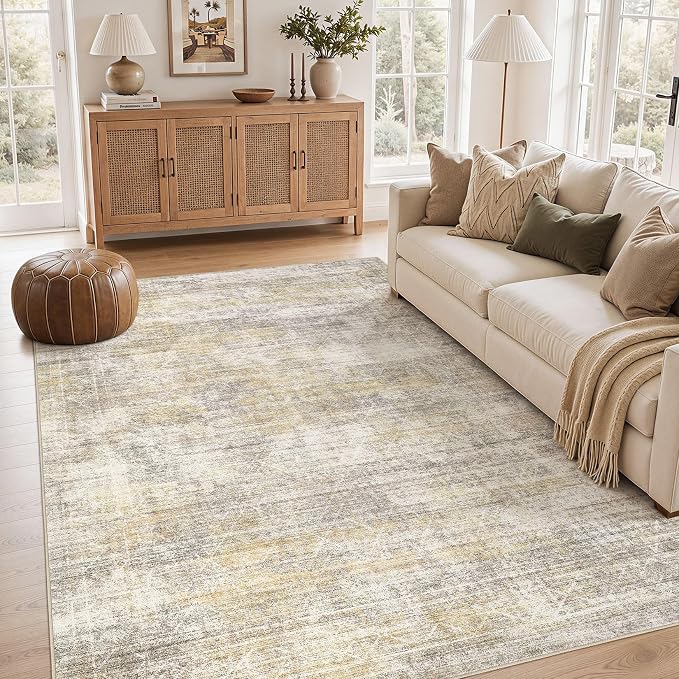 cotiled Washable Area Rugs 6x9 Living Room | Non Slip Backing, Stain Resistant, Pet Friendly, Large Neutral Soft Indoor Carpet For Bedroom, Nursery, Office, Gold/Brown