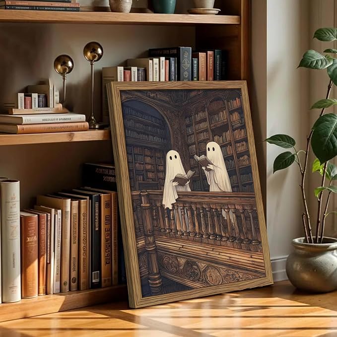Framed Halloween Ghost Wall Art, Vintage Cute Ghost Reading Canvas Wall Decor Paintings, Dark Academia Book Artwork Poster Print Picture for Library Bedroom Living Room 16x24 Inch