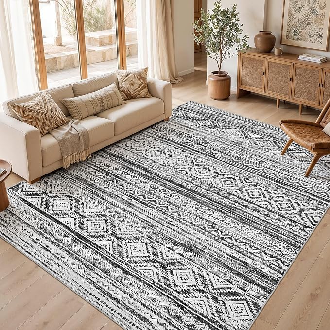 cotiled 8x10 Area Rugs Living Room Rug: Washable Boho Rugs with Non Slip Backing Large Soft Indoor Stain Resistant Carpet for Bedroom Farmhouse Dining Room Lightweight Home Decor White/Black