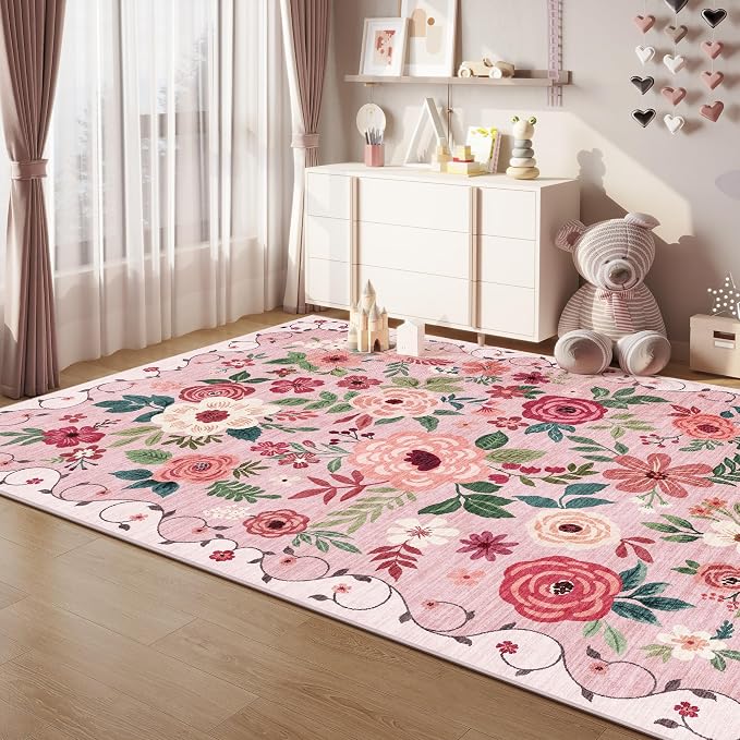 DUKINO 6x9 Area Rugs, Floral Washable Rug for Bedroom Non Slip, Pink | Soft, Low Pile, Large Indoor Rug for Living Room, Dining Room, Kids Room, Office, Pet Friendly, Home Decor, Stain Resistant