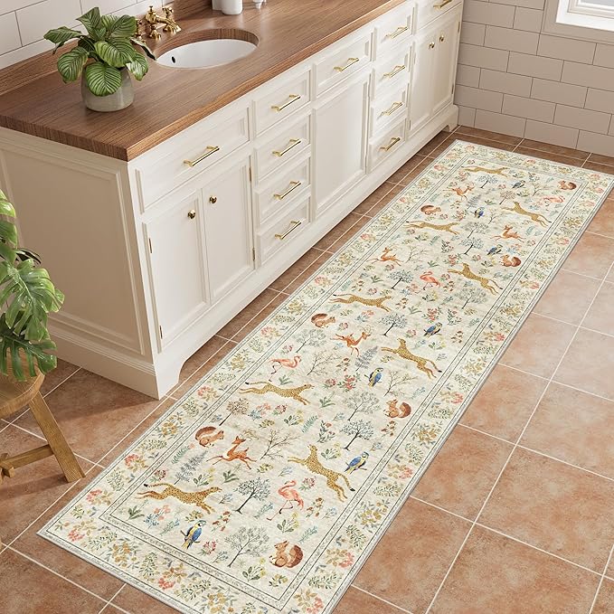 DUKINO 2x6 Runner Rug, Washable Animal Kitchen Rugs Non Slip, Beige | Soft, Low Pile, Stain Resistant Indoor Carpet for Hallway, Entryway, Bedroom, Bathroom, Laundry,Pet Friendly, Lightweight