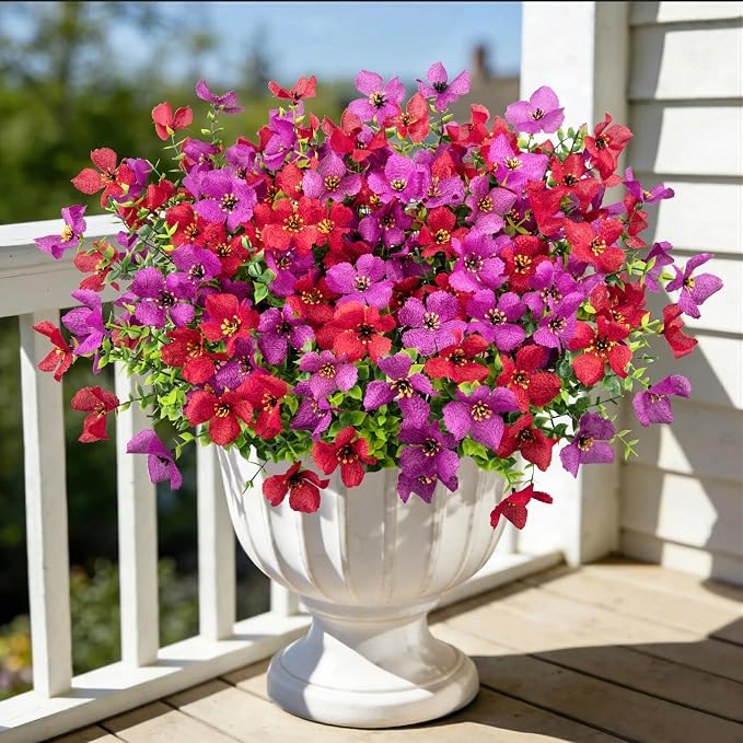 Ouddy Decor 16 Pcs Artificial Flowers for Outdoors Decoration, Purple & Red | Realistic, silk flowers, faux plastic plants, UV resistant, for summer garden porch window vase indoor outdoor home decor