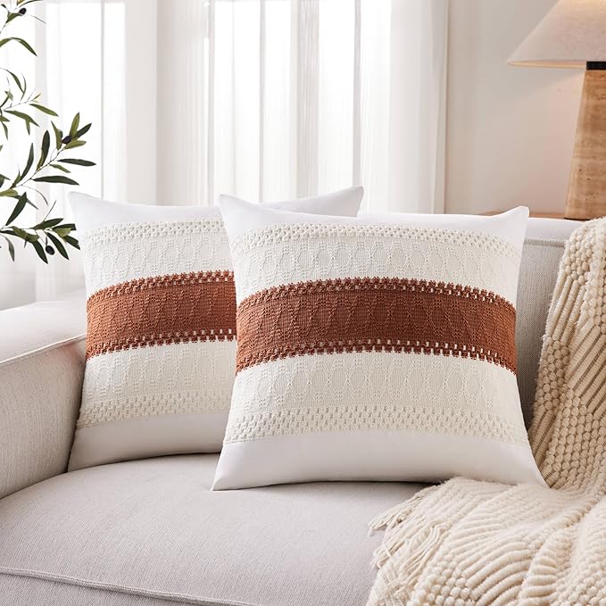 2pk Boho Pillow Covers 20x20, Natural White/Contrast/Terracota | 100% Organic Cotton Body, Stripe Embroidery, Farmhouse Decorative Cushion Covers for Sofa Bed Living Room Home Decor