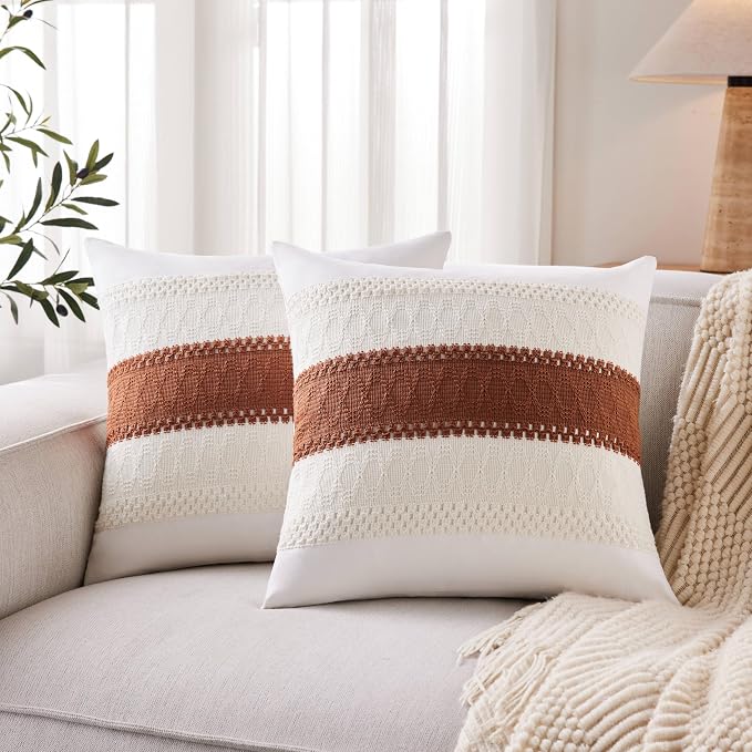 2pk Boho Pillow Covers 16x16, Natural White/Contrast/Terracota | 100% Organic Cotton Body, Stripe Embroidery, Farmhouse Decorative Cushion Covers for Sofa Bed Living Room Home Decor