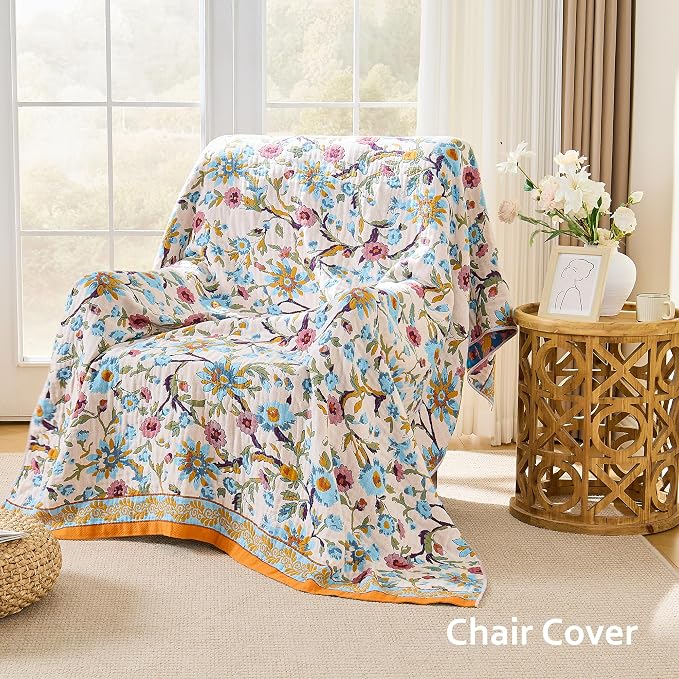 VANJOROY Boho Throw Blanket, 100% Organic Cotton Breathable Ultra Soft 91" x 108" King Bed Quilt Throw - All Season Floral Rustic Luxury Blanket for Sofa Couch Chair