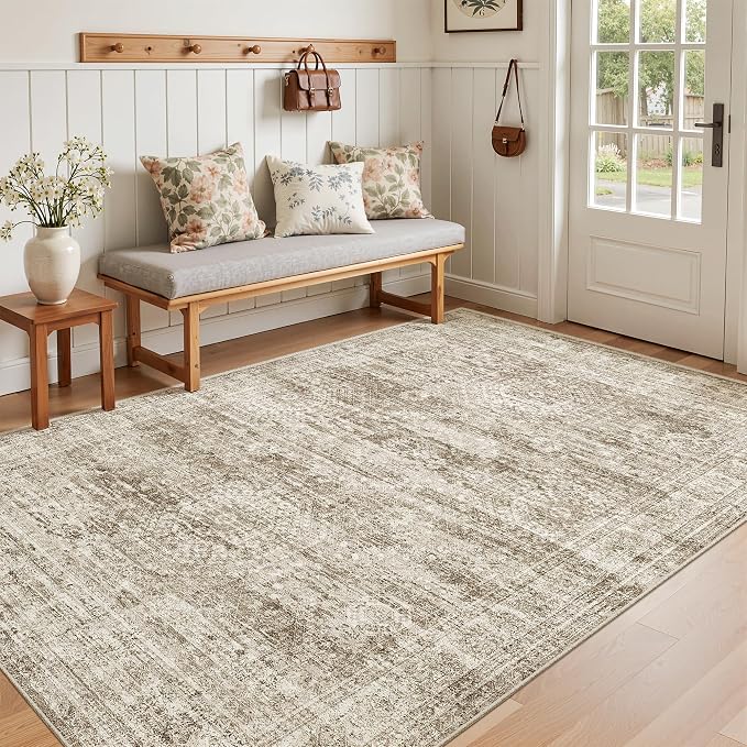 Soalmost 3x5 Rugs Non-Slip, Small Washable Kitchen Entryway Area Rug Brown | Vintage Low Pile Carpet for Nursery Coffee Table Bathroom, Foldable Stain Resistant Indoor Door Mat Entrance Powder Room