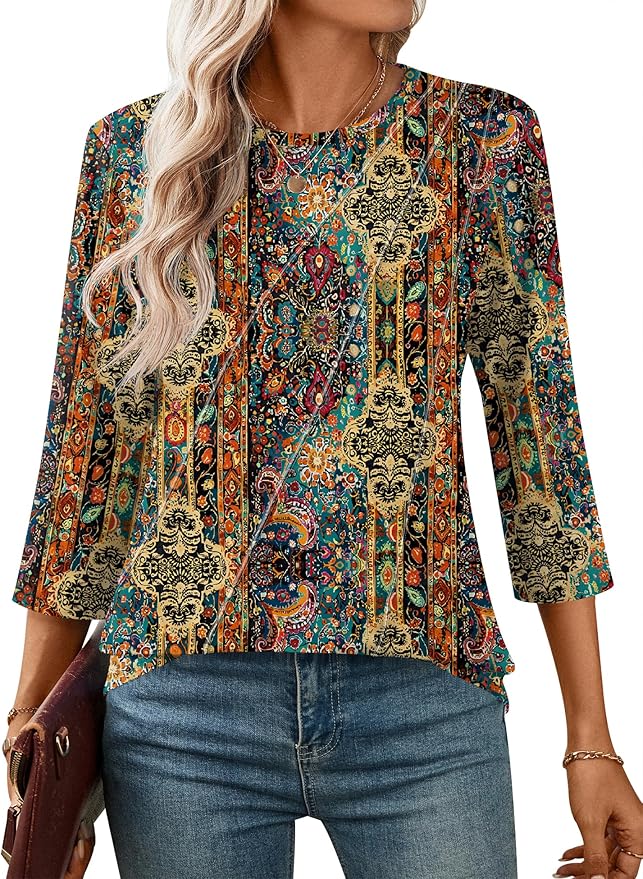 LOMON 3/4 Length Sleeve Womens Tops Spring Summer Fashion 2026 Tops Crew Neck Pleated Shirts Tunic Top Loose Fit