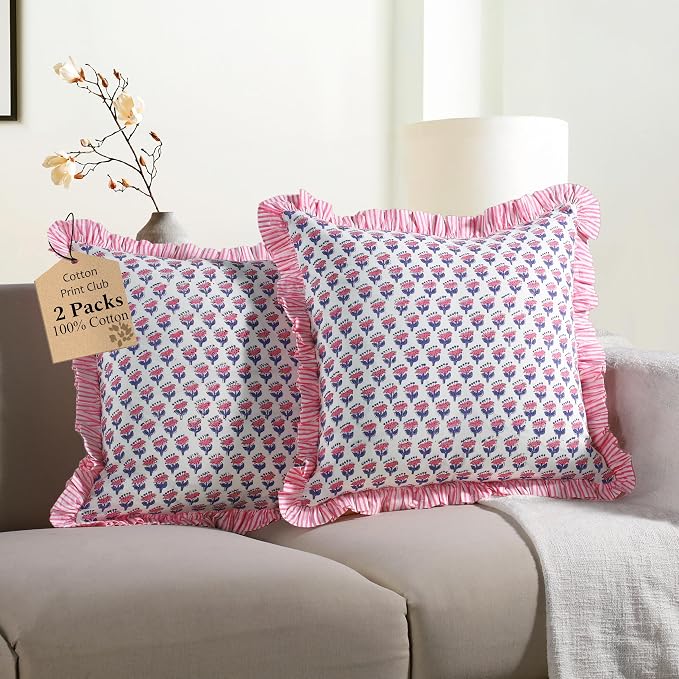 CPC Pink Sapphire Ruffle Throw Pillow Covers for Couch, 18x18 Inch Cotton Stripe Ruffle Couch Pillows for Living Room, Hidden 14 Inch Zipper Boho Pillow Case or Cute Outdoor Pillows