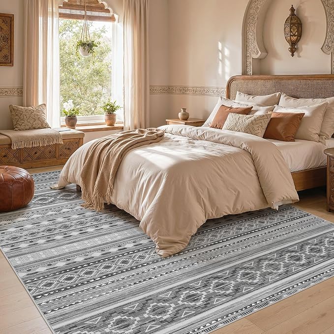 cotiled 6x9 Area Rugs Living Room Rug: Washable Boho Rugs with Non Slip Backing Large Soft Indoor Stain Resistant Carpet for Bedroom Farmhouse Dining Room Lightweight Home Decor Beige Grey