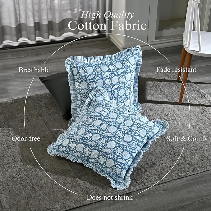 CPC Blue Meadow Hand Block Print 100% Cotton Ruffle Throw Pillow Cover 20x20 inch with Hidden Zipper Decorative for Couch, Bed, Sofa, Farmhouse, Cottagecore Decor Gift Christmas Fall Thanksgiving